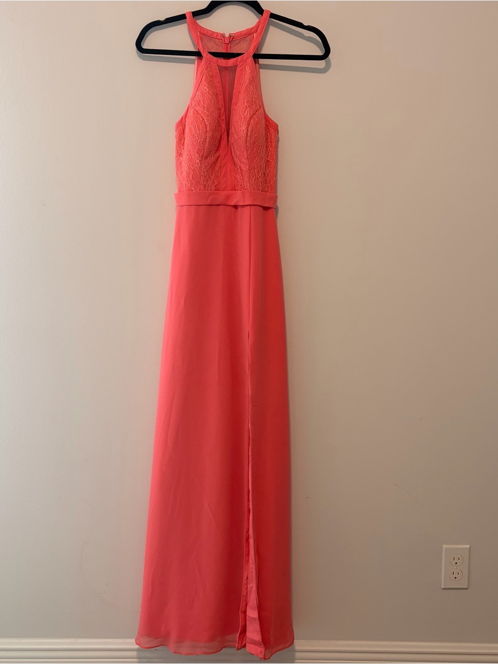 Azazie Coral Pink Lace Halter Maxi Bridesmaid Dress Size A2